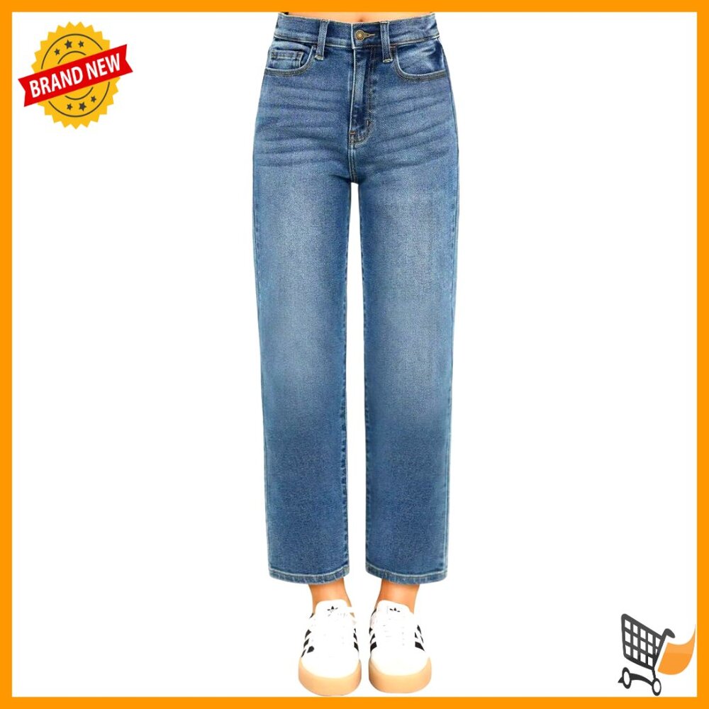 Cropped Straight Leg Jeans High Waisted 7/8 Length Slim Fit Chic Denim